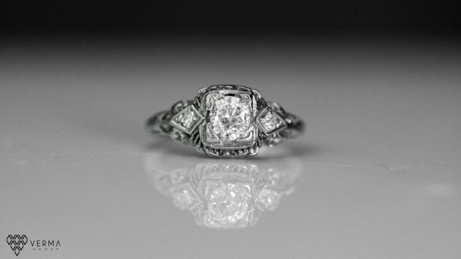 زفاف - Circa 1905- Edwardian *GIA CERTIFIED* .53ct Old European Brilliant Diamond Engagement Ring in Platinum with intricate filigree work VEG#298