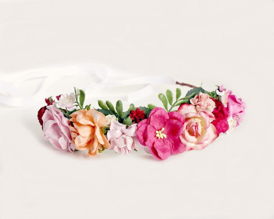 Hochzeit - Pink, Red and Peach Flower Crown, Floral Crown, Bridal Headpiece, woodland, wedding, fall, autumn, bridesmaids, bridal,