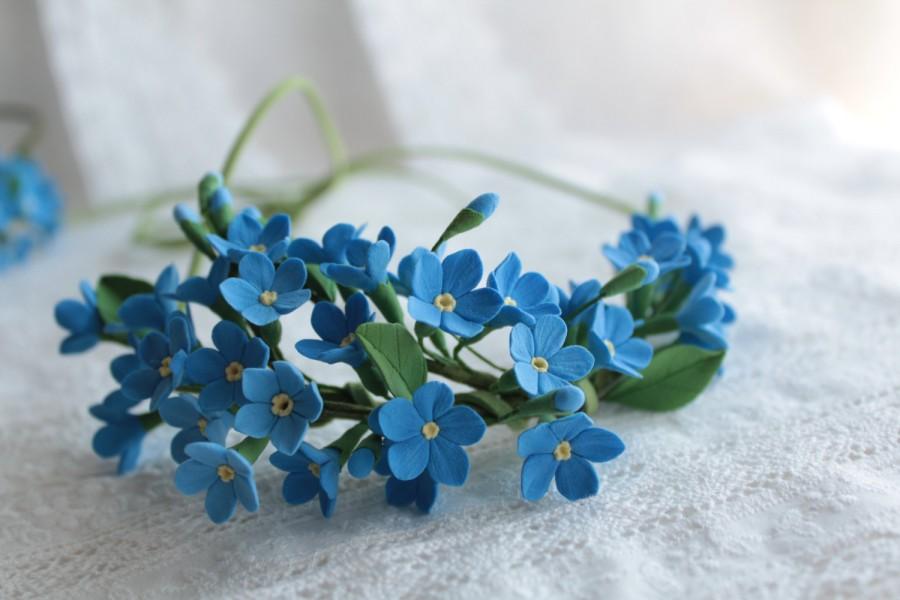 Mariage - Necklace. Forget-me-not. Three in one: corsage, necklace or headband.   Polymer clay flower.