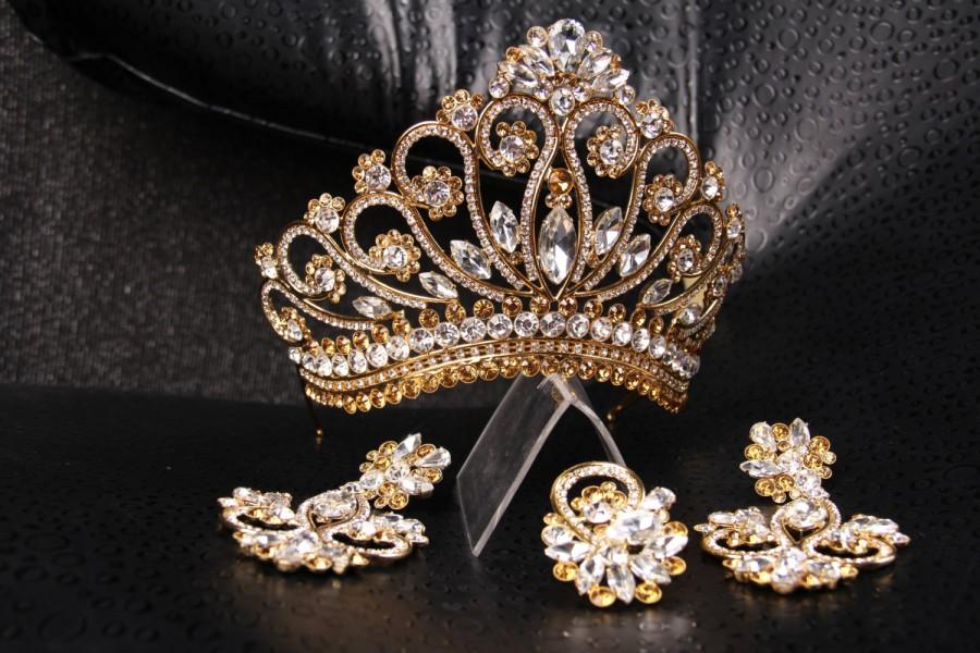 Wedding - Unique handmade princess tiara crown , wedding tiara, crystal gold tiara hand made for order inlaid with brown SWAROVSKI Crystals