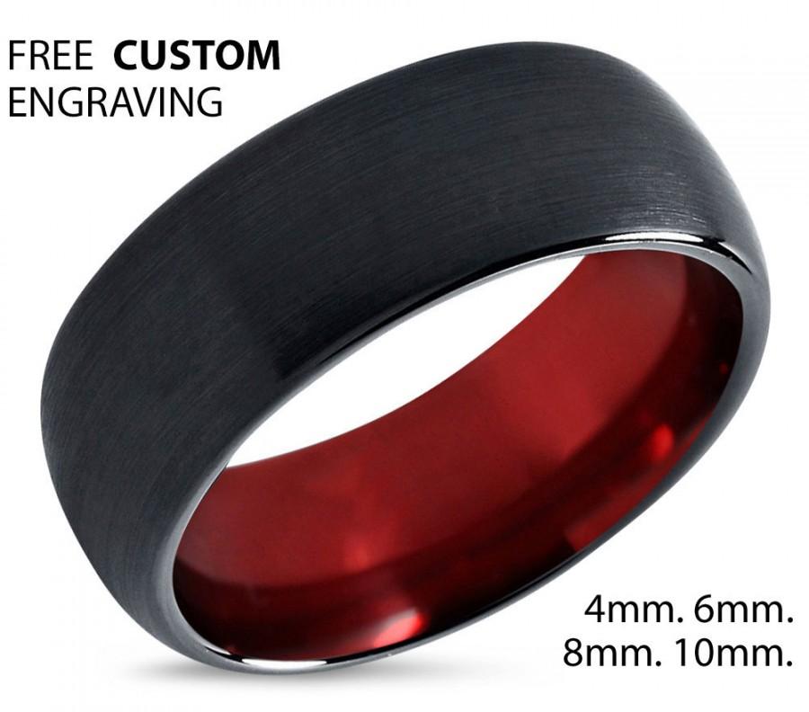 Hochzeit - Tungsten Ring Mens Black Red Wedding Band Tungsten Ring Tungsten Carbide 8mm Tungsten Man Wedding Male Women Anniversary Matching Size