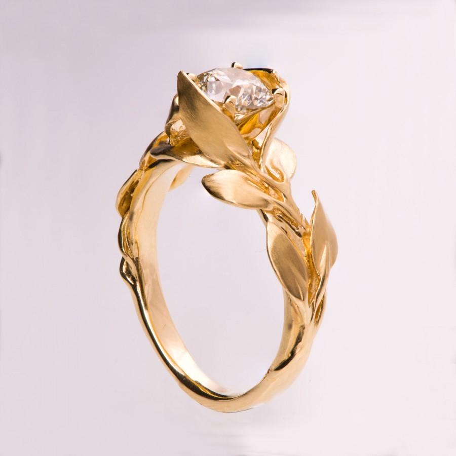 Wedding - Leaves Engagement Ring No. 7 - 14K Gold and Diamond engagement ring, engagement ring, leaf ring, 1ct diamond, antique, art nouveau, vintage