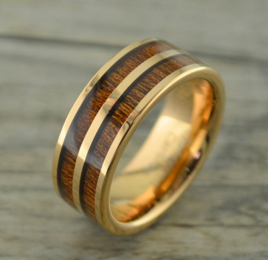زفاف - Tungsten Rose Gold Ring With Double Row of Koa Wood Inlay 8MM,Wedding Ring,Rose Gold Ring,Koa Wood Ring,Anniversary Ring,Engagement Ring!!!