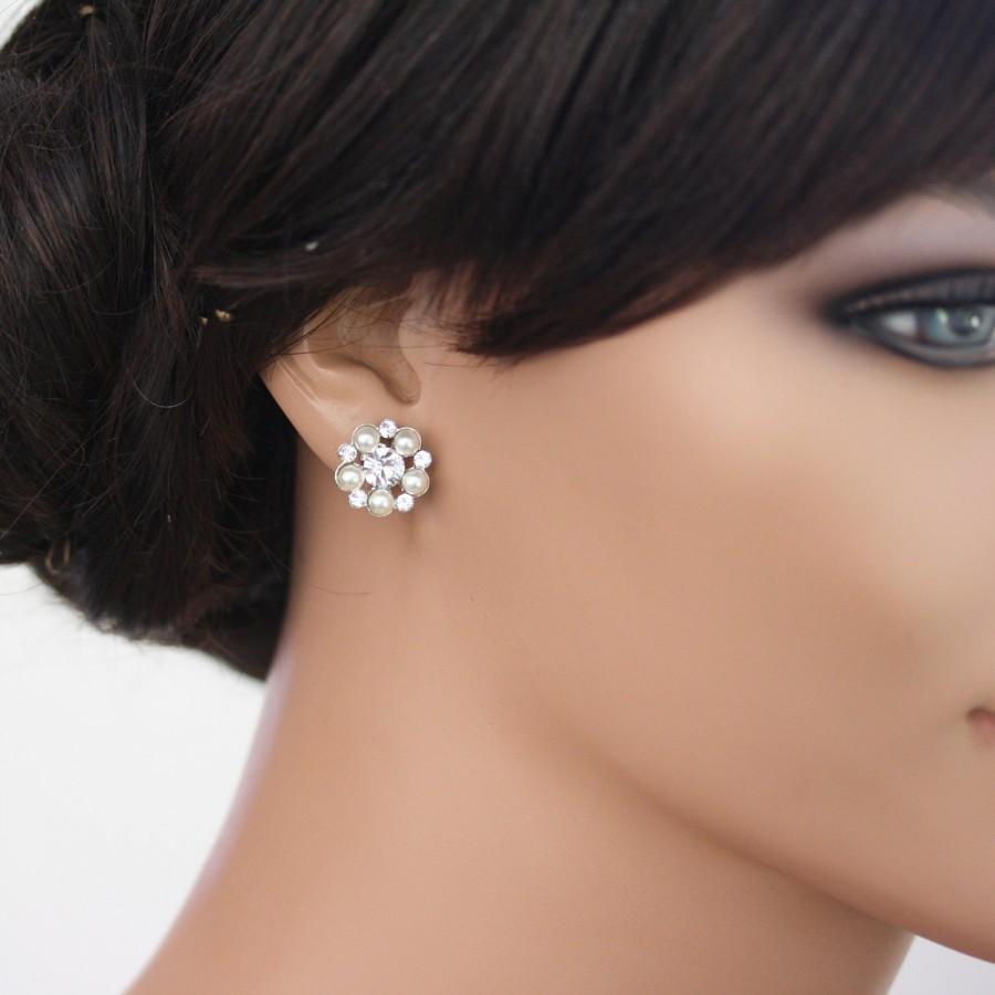 Hochzeit - Swarovski Pearl Stud Earrings Bridal earrings small wedding earrings Pearl and rhinestone Post earrings Wedding Jewelry, PARIS STUD