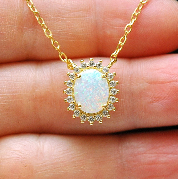 زفاف - Gold White Opal CZ Diamond Necklace, October Birthstone Charm Necklace, Silver Opal Jewelry, Gift For Her, Opal Jewelry Ayansiweddingdesigns