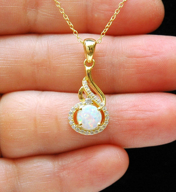زفاف - Gold CZ & White Opal Necklace, October Birthstone Necklace, Sterling Silver Opal Pendant, Opal Jewelry, Gifts for Her, Ayansiweddigdesigns