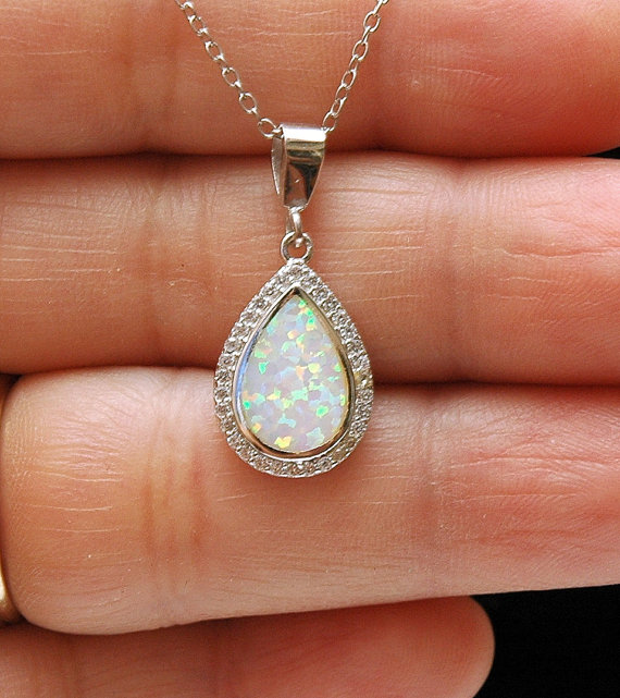 Wedding - Pear Shape White Opal Necklace, CZ Silver Necklace, Lab Opal Pendant, Silver Opal Jewellery, October Birthstone, ayansiweddingdesings