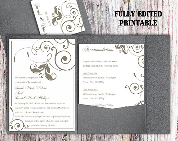 Hochzeit - Printable Pocket Wedding Invitation Printable Invitation Gray Wedding Invitation Floral Invitation Download Invitation Edited PDF file