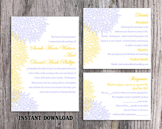 Hochzeit - DIY Wedding Invitation Template Set Editable Word File Download Printable Floral Invitation Yellow Wedding Invitation Blue Invitations
