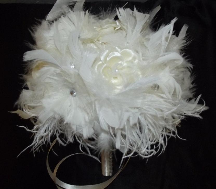 Свадьба - IVORY Crystal Feather & Flower Bridal Bouquet White Ostrich Feathers Large Wedding Bouquets Rose and Swarovski Crystals Custom Bride Colors
