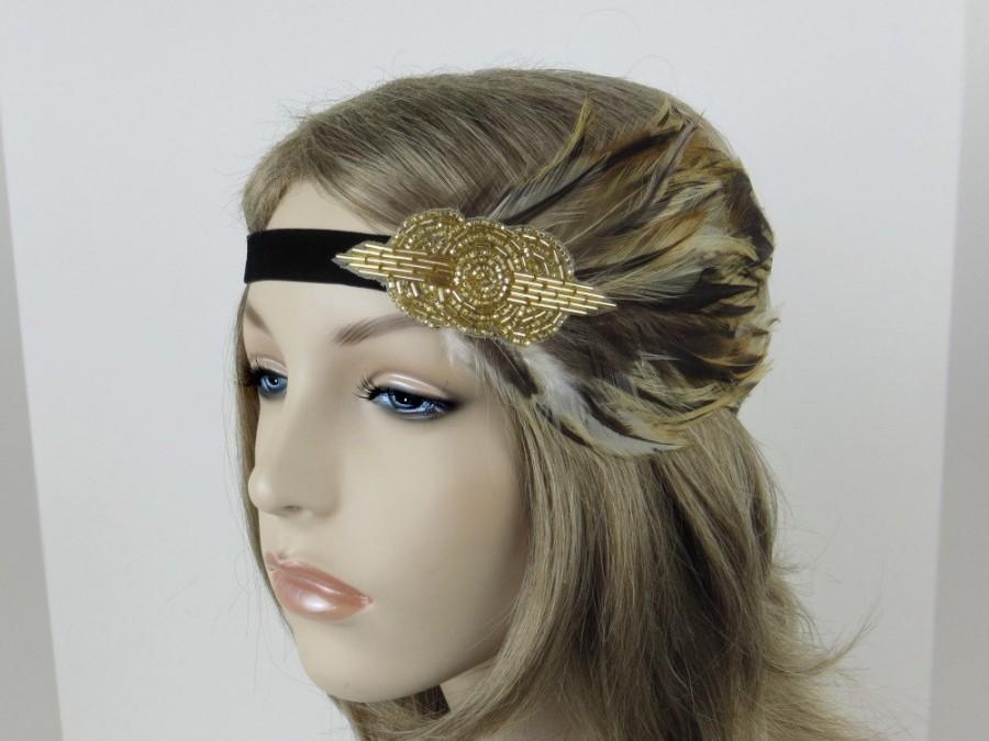 Wedding - Gold Flapper Headpiece, 1920s Hair Accessories, Great Gatsby Headpiece in Flapper Style for 20s Costume Party, Art Deco Beaded Headband