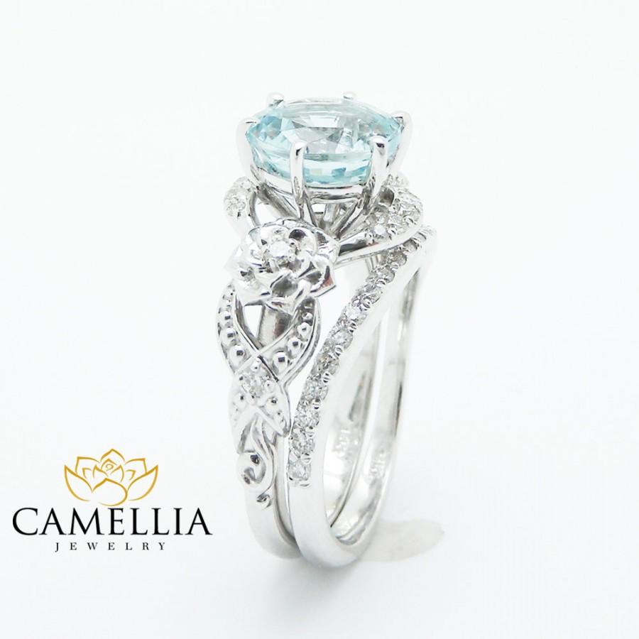 Свадьба - Unique Aquamarine Engagement Ring Set 14K White Gold 2 Carat Aquamarine Rings Art Deco Engagement Ring Floral Ring Set