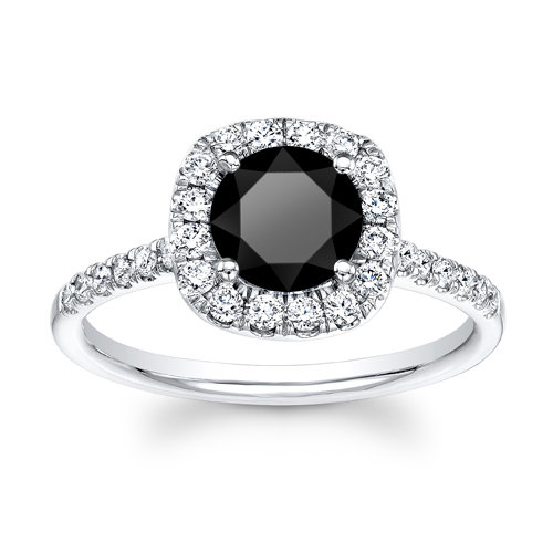 Hochzeit - Women's 14kt white gold 3ct round brilliant black diamond cushion halo engagement with 0.50 ctw white diamonds