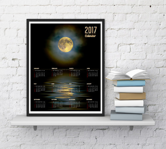 زفاف - 2017 Wall calendar, Moon print, Desk calendar, Moon photography art, Moon light, Office calendar 2017, Yearly calendar, InstantDownloadArt1