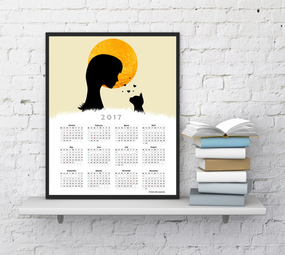 Mariage - Wall calendar 2017, Cat calendar, 2017 Calendar, Christmas Gift For Her, For Him, Moon calendar, Office calendar, InstantDownloadArt1