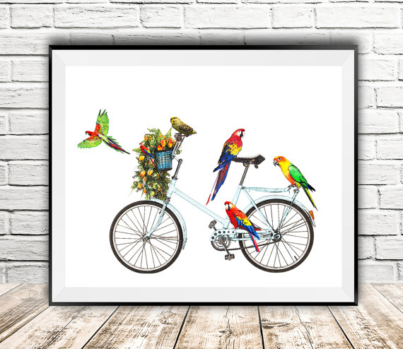 Wedding - Parrots print, Parrots on bike, Bike print, Birds on bike, Wall decor, Birds wall art, Parrots printable, Illustration, InstantDownloadArt1