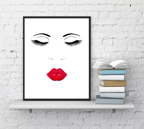 Hochzeit - Face print, Lips and Lashes Makeup, Digital Printable, Minimalist, Wall Decor, Eyelashes, Fashion print, Lips print, InstantDownloadArt1