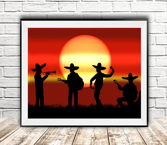 Wedding - Mexican musicians print, Mexico print, Sunset print, Musicians silhouettes, Mexico poster, Funny prints, Digital print, INSTANT DOWNLOAD