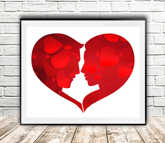Wedding - Heart print, Couple print, Couple faces, Illustration art, Love print art, Fantasy art, Red heart, Modern wall decor, Instant download