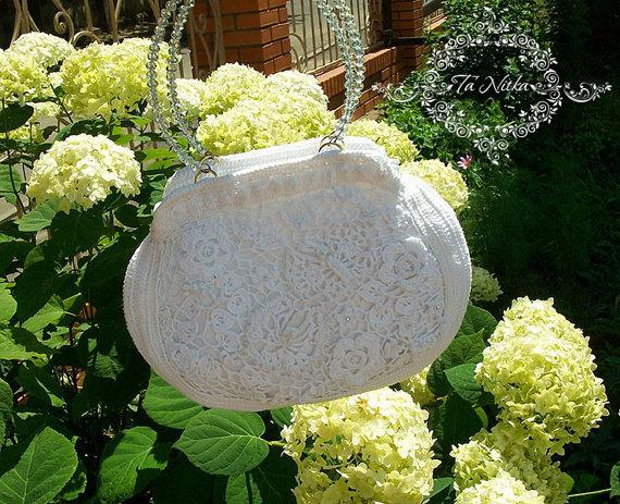 Hochzeit - Handbag Irish Lace Bridal White Handbag Wedding Lace Bag Vintage with Beads Purse