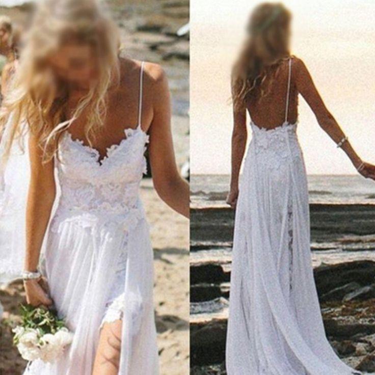 Hochzeit - Simple Spaghetti White Lace Side Slit Wedding Dresses For Beach Wedding, WD0047