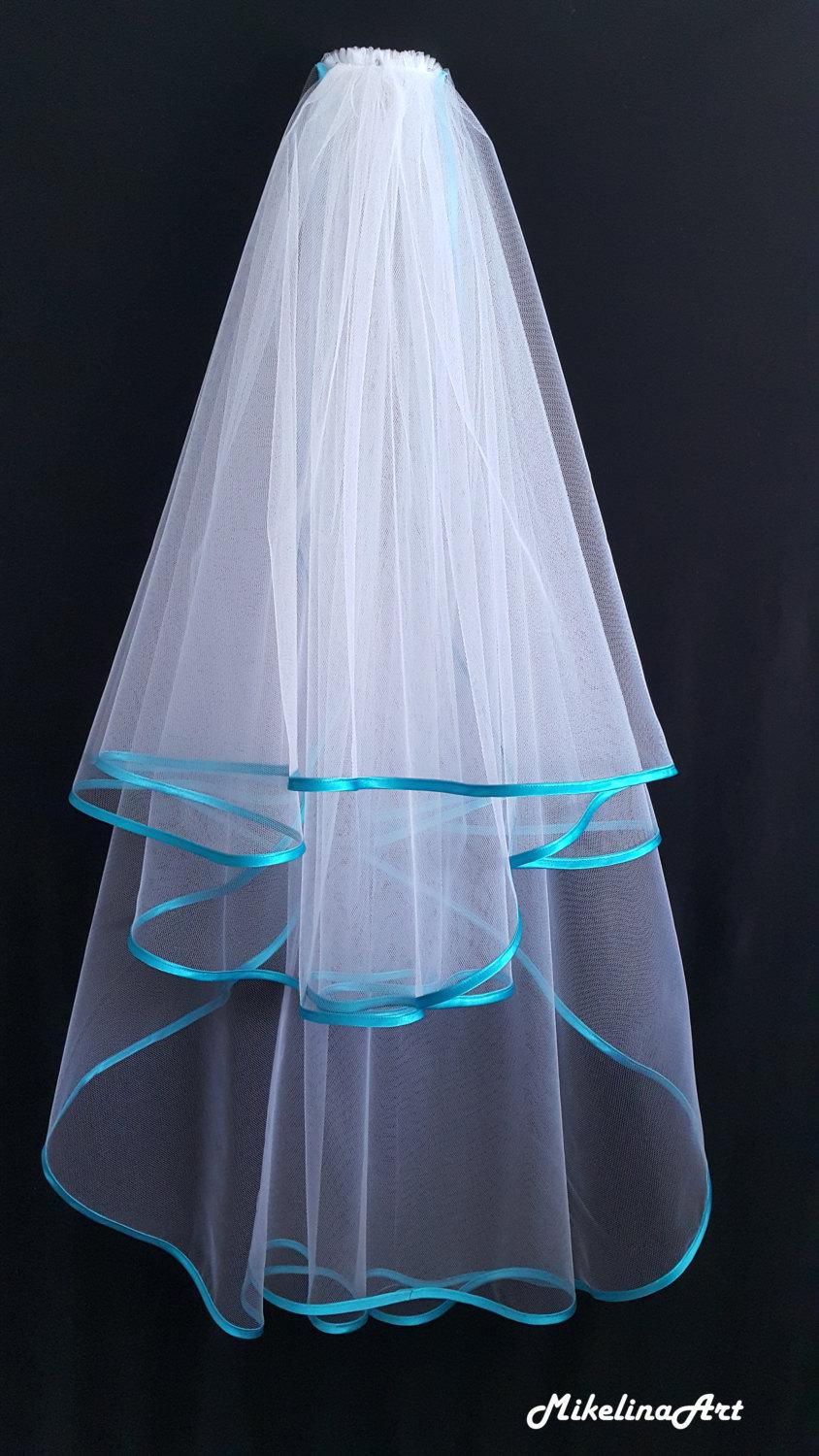 زفاف - White Wedding Veil, Three Layers, Turquoise Satin Edging.