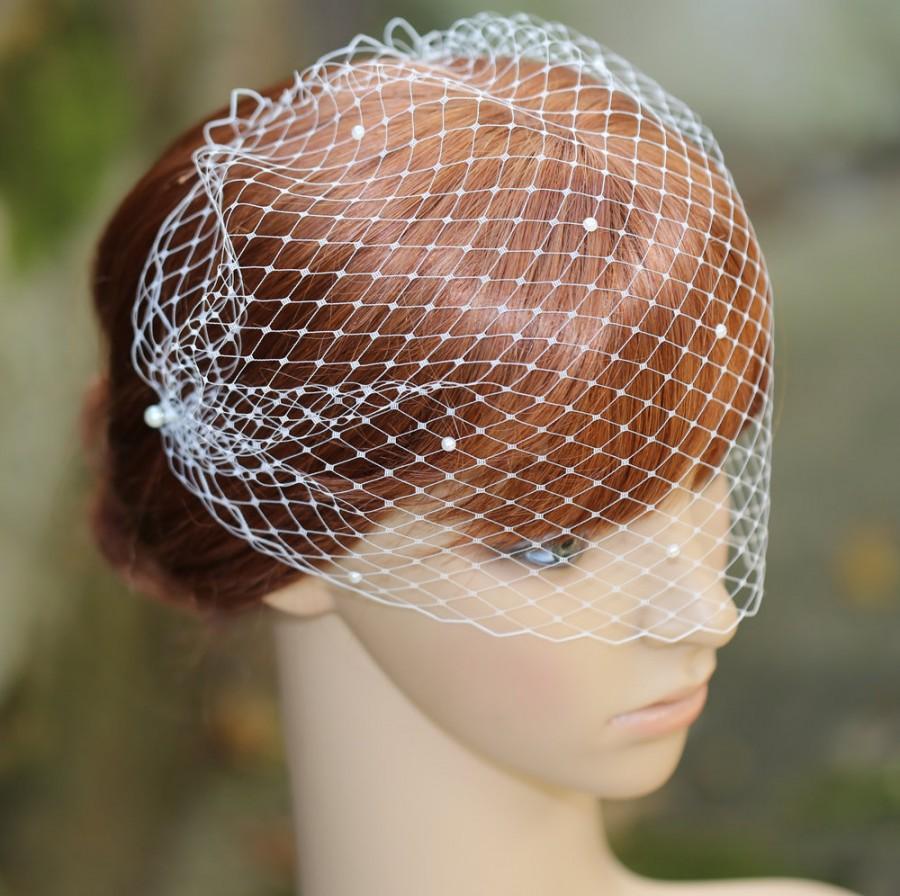 Wedding - French Net Bandeau Style Blusher Birdcage Veil Embellished with Half Pearl Flat Back Cabochons