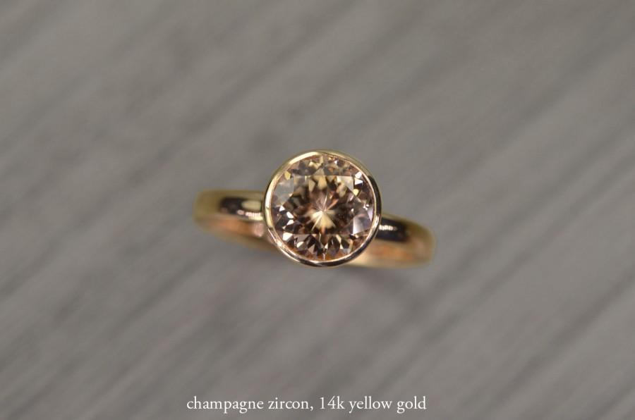 زفاف - Zircon Champagne Gold Ring, 2.5ct round Engagement Ring, solid yellow rose white gold bezel - Blaze Solitaire