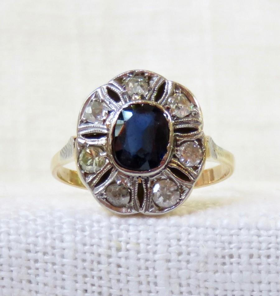 زفاف - 1920s Art Deco 18k Gold Blue Sapphire and Diamond Halo Engagement Ring 1.35 Carats