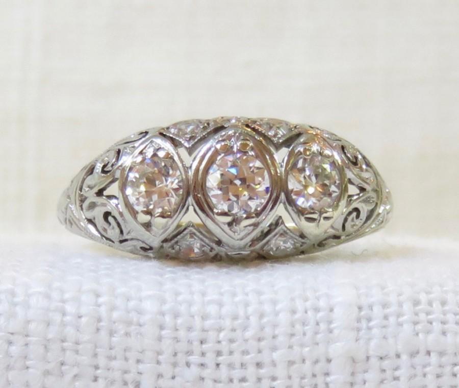 Hochzeit - 1920s 18k Gold Three Stone Diamond Engagement Ring .59 Carats