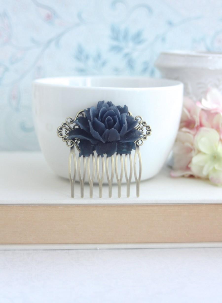 Mariage - Shabby Chic Dusty Navy Blue Rose Flower Comb, Antiqued Brass Blue Comb, Bridal Hair Comb. Bridesmaid Gift, Something Blue, Navy Blue Wedding