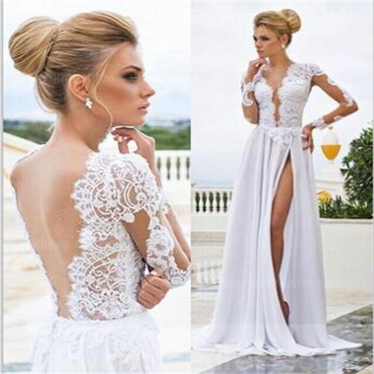 زفاف - V-Back Side Slit Cheap White Long Sleeve Sexy Evening Long Prom Dress, Cheap Wedding Dress, PD0152