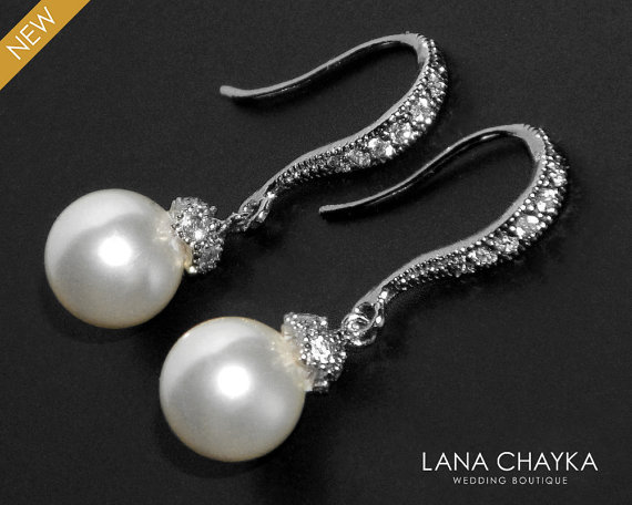 Hochzeit - White Pearl Small Earrings Bridal Pearl Drop Earrings Sterling Silver CZ Pearl Earrings Swarovski 8mm Pearl Earrings Bridal Pearl Jewelry