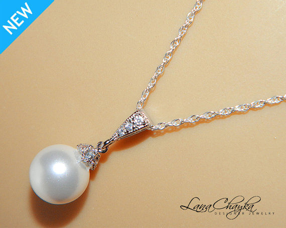 Mariage - White Drop Pearl Necklace Sterling Silver CZ Pearl Bridal Necklace Swarovski 10mm Pearl Single Pearl Wedding Necklace Bridal Pearl Jewelry