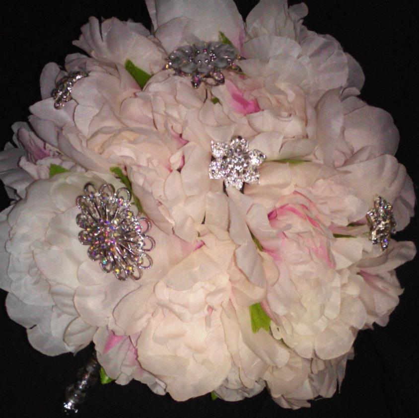 Mariage - Pink peony wedding brooch crystal bouquet
