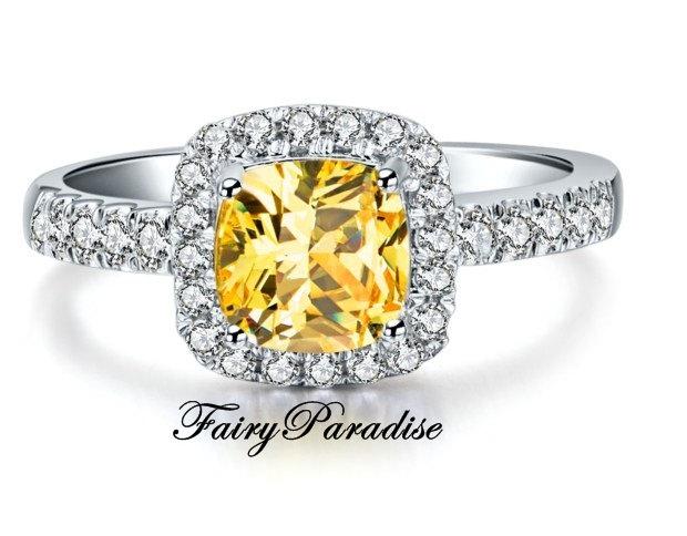 Mariage - 1 Ct (6 mm) lab made Canary Yellow Diamond, Cushion Cut Halo Engagement Ring, Promise Ring, Free Gift Box (Fairy Paradise)