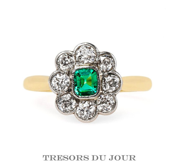 Свадьба - Edwardian Engagement Ring, Small Square Emerald Engagement Ring, EMERALD Diamond Halo Engagement RING 18kt yellow white gold band diamonds