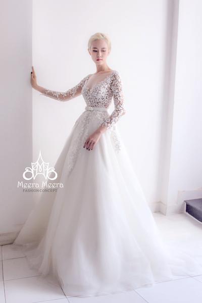 Hochzeit - A-line wedding dress with long sleeves and Illusion neckline from Meera Meera