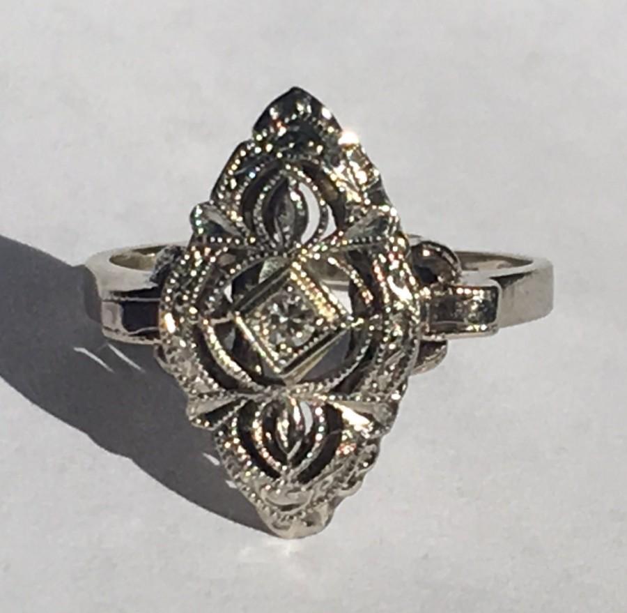 Wedding - Vintage Diamond Engagement Ring. Art Deco 14K Gold Setting. Unique Engagement Ring. April Birthstone. 10 Year Anniversary. Estate Jewelry