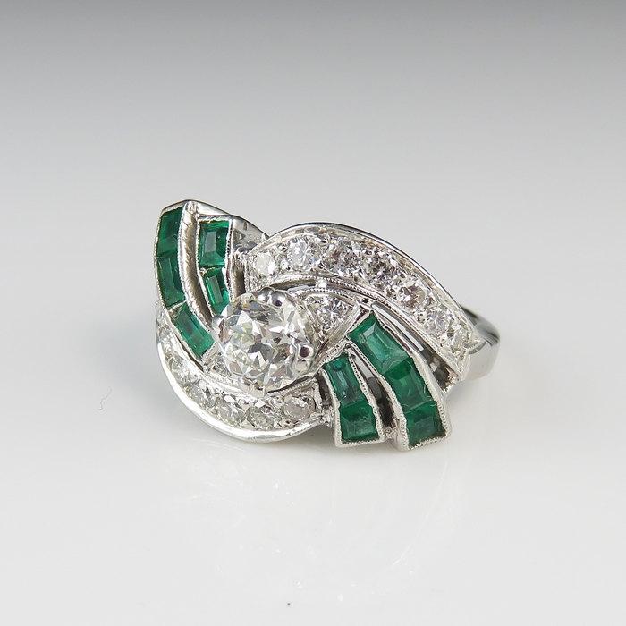 Mariage - Art Deco Engagement Ring 1940s Engagement Ring Emerald Engagement Ring Swirl Engagement Ring 1930s Engagement Ring 1920s Engagement Platinum