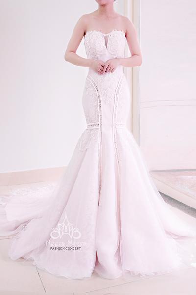 Hochzeit - Strapless lace and blush organza trumpet wedding dress from Meera Meera