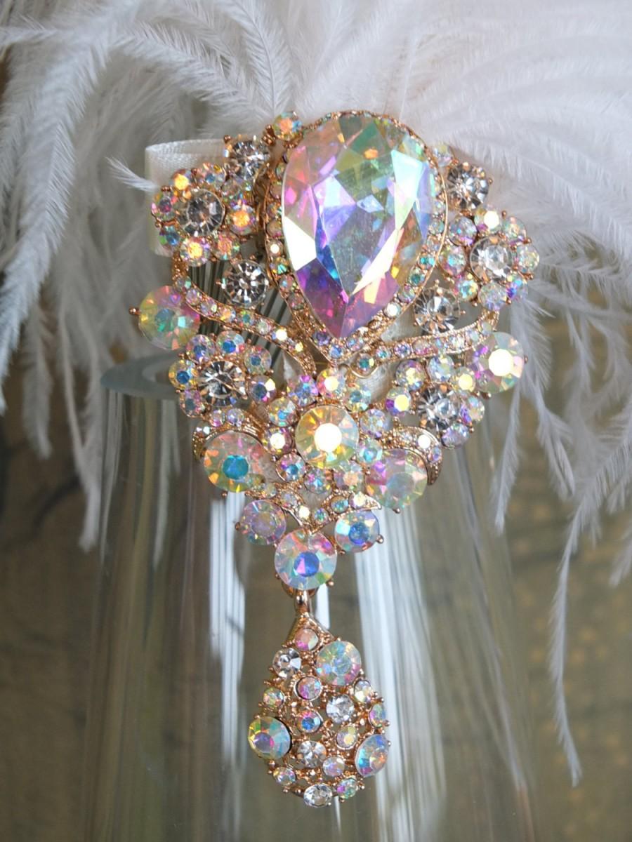 زفاف - Flapper 1920s handmade wedding dress hair piece veil headband wedding comb gold silver ostrich feather