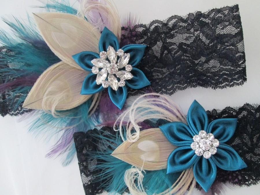 زفاف - Black Lace WEDDING Garters, Ivory Peacock Bridal Garters, Deep Teal Prom Garters, Kanzashi Flower, Purple & Teal Feather Garters