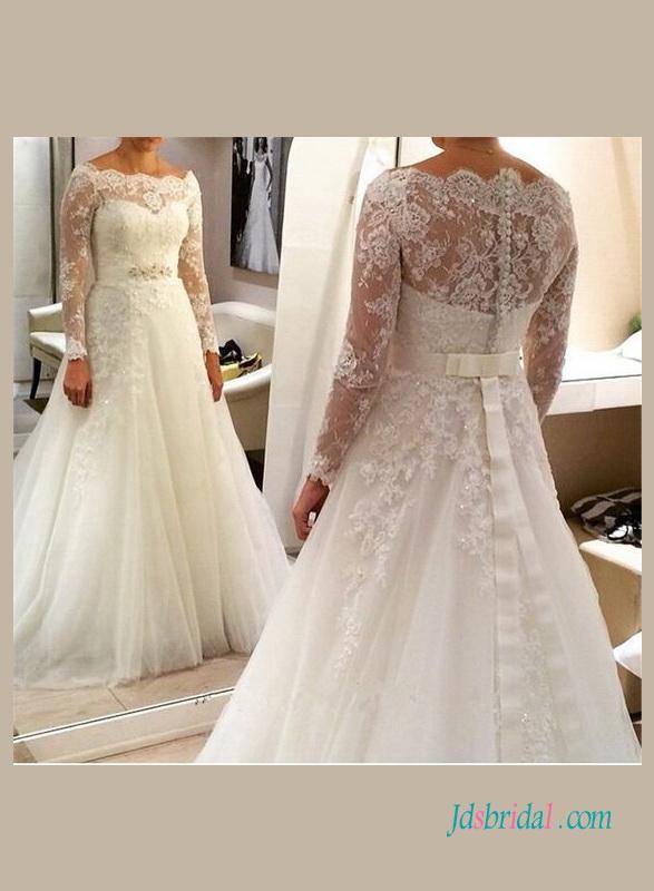 Wedding - Elegant illusion lace long sleeved wedding dress