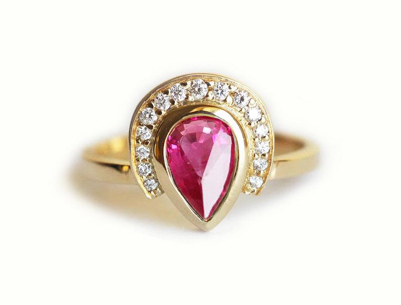 Hochzeit - Ruby Ring, Ruby Engagement Ring, Ruby Diamond Ring, Pear Ruby Ring With Diamond Crown, 18k Gold