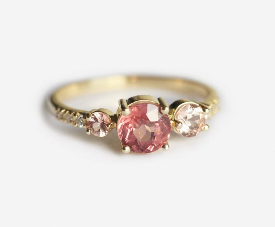 زفاف - Cluster Engagement Ring, Peach Sapphire and Malaya Garnet Engagement Ring, Cluster Wedding Ring, Peach Engagement Ring