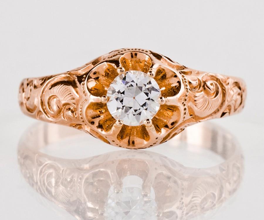 زفاف - Antique Engagement Ring - Antique 1930's 14k Rose Gold Diamond Engagement Ring