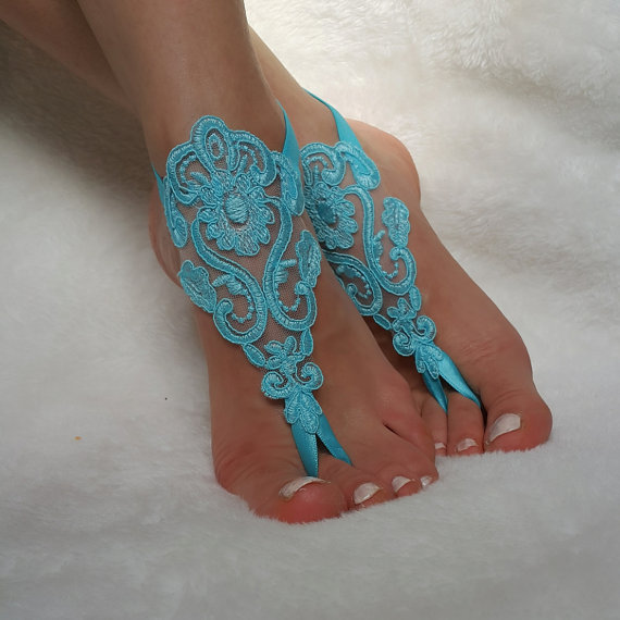 Wedding - turquoise lace barefoot sandals beach wedding country wedding bridesmaid accessory bangles anklets bridal gift nude shoes