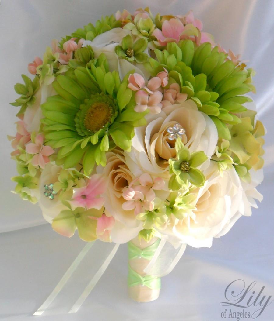 Wedding - 17 Piece Package Wedding Bridal Bride Maid Of Honor Bridesmaid Bouquet Boutonniere Corsage Silk Flower IVORY PEACH GREEN "Lily Of Angeles"