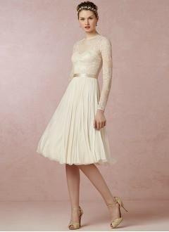 Свадьба - A-Line/Princess Scoop Neck Knee-Length Chiffon Lace Wedding Dress With Sash
